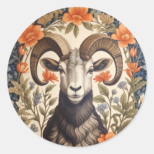 Beautiful Bighorn Sheep William Morris Inspired Ronde Sticker (Voorkant)