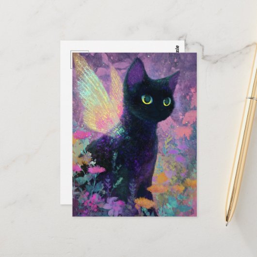 Beautiful Black Cat With Fairy Wings Briefkaart (Voorkant / Achterkant in situ)