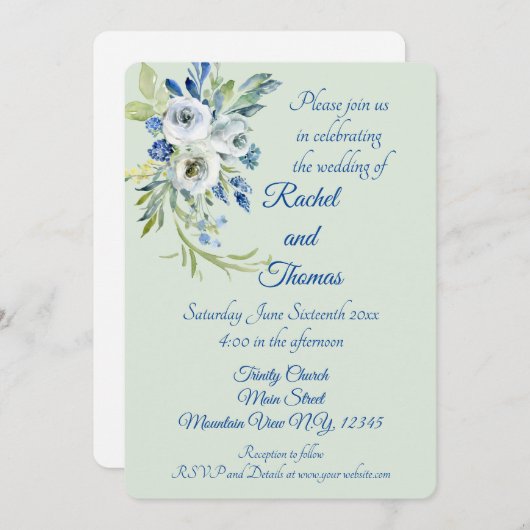 Beautiful Blue And Mint Floral Wedding Invitations (Devant / Derrière)