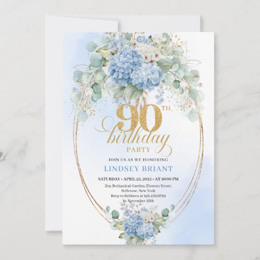 Beautiful Blue Hydrangeas Greenery 90th Birthday Kaart (Voorkant)