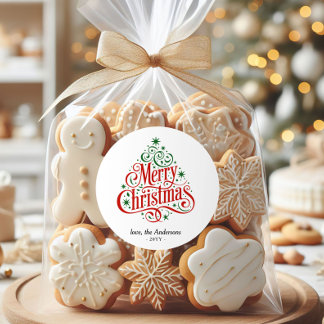 Beautiful Calligraphy Merry Christmas Tree Custom  Ronde Sticker