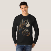 Beautiful Cat Floral Pattern Blue and Beige Tan Bl T-shirt (Voorkant volledig)