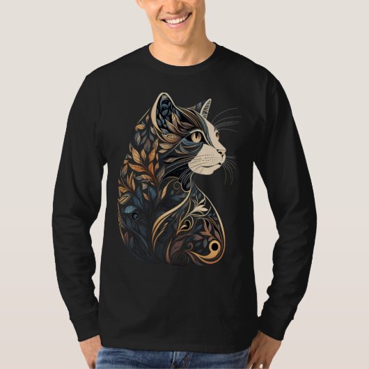 Beautiful Cat Floral Pattern Blue and Beige Tan Bl T-shirt (Voorkant)
