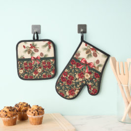 Beautiful Christmas Floral and Pine Cones Ovenwant & Pannenlap Set