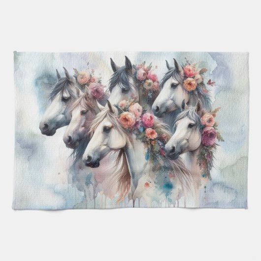 Beautiful Horses Floral Kitchen Towel Theedoek (Horizontaal)