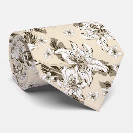 Beautiful light brown flower pattern stropdas (Opgerold)