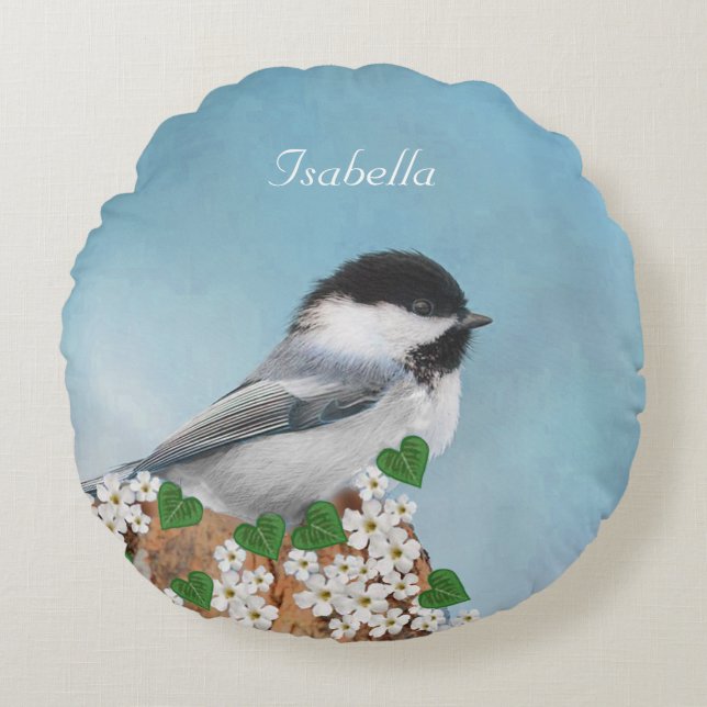 Beautiful Little Bird & Flowers Personalized Rond Kussen (Voorkant)