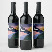 Beautiful Mountain River Moon Sunset Design Wijn Etiket (Flessen)