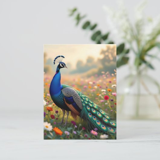 Beautiful Peacock in a Floral Field Briefkaart (Staand voorkant)