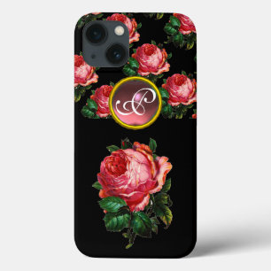 BEAUTIFUL PINK ROSE GEMSTONE MONOGRAM, zwart iPhone 13 Hoesje