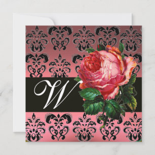 BEAUTIFUL PINK ROSE ZWARTE WITTE DAMASKMONOGRAM KAART