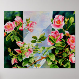 Beautiful pink roses, red roses, watercolor floral poster