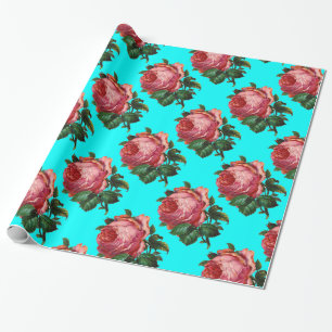 BEAUTIFUL PINK ROSES, Turquoise Blauwgroen Blue Cadeaupapier