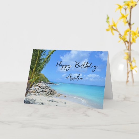 Beautiful Turquoise Tropical Beach Birthday Kaart (Gele Bloem)