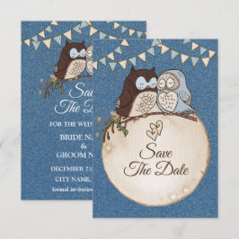 Beautiful Wedding Blue Brown Owl Glitter Save The  Date