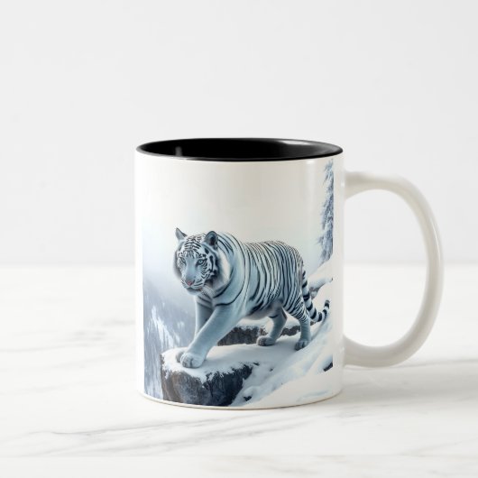 Beautiful White Tiger On Snow Covered Cliffs Tweekleurige Koffiemok (Rechts)
