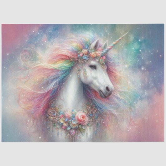Beautiful White Unicorn Rainbow Mane Decoupage  Tissuepapier (Voorkant)