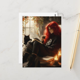 beautiful witch and cat enjoying tea and a book briefkaart
