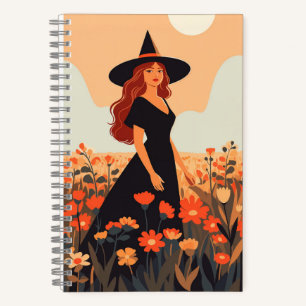 beautiful witch in flowers fields colorful illustr notitieboek