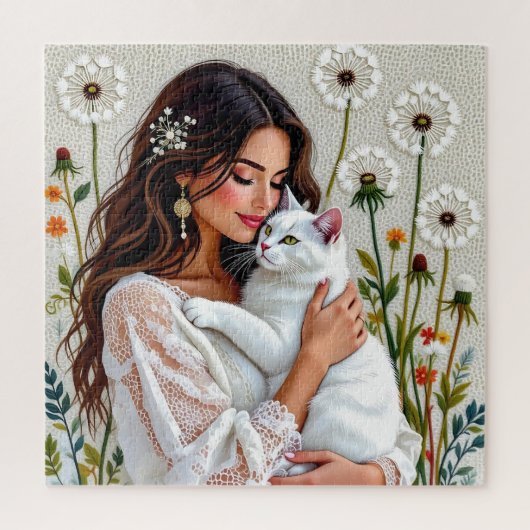Beautiful Woman, Cat and Dandelions Legpuzzel (Verticaal)