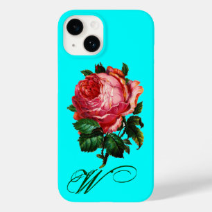 BEAUTIUL PINK ROSE MONOGRAM, Blauwgroen Aqua Blue Case-Mate iPhone 14 Hoesje