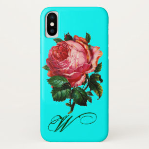 BEAUTIUL PINK ROSE MONOGRAM, Blauwgroen Aqua Blue iPhone X Hoesje
