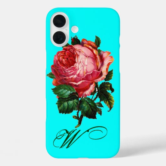 BEAUTIUL PINK ROSE MONOGRAM, Blauwgroen Aqua Blue Case-Mate iPhone Case (Achterkant)