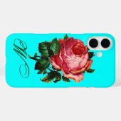 BEAUTIUL PINK ROSE MONOGRAM, Blauwgroen Aqua Blue Case-Mate iPhone Case (Achterkant (horizontaal))