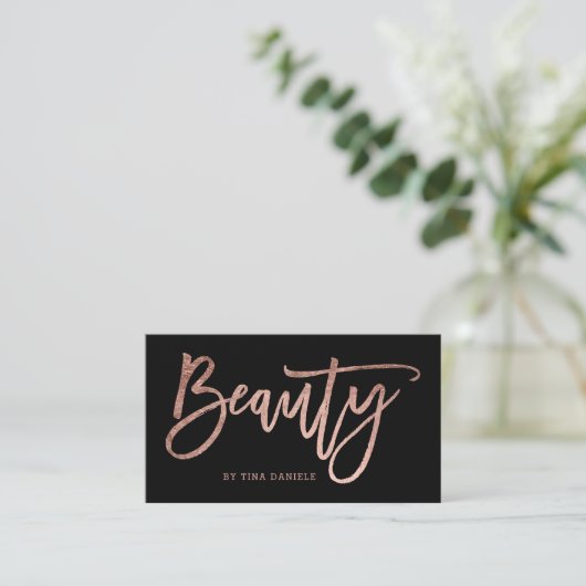 Beauty elegant faux roos gold typografie zwart visitekaartje (Staand voorkant)