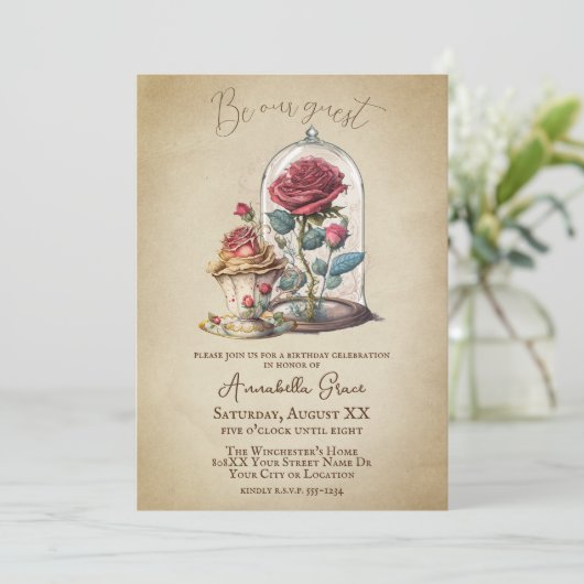 Beauty en het Beest Fairytale Magic Roos Kaart (Staand voorkant)