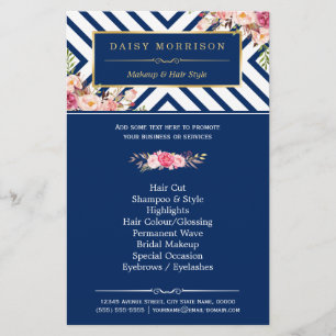 Beauty Salon  Floral Navy Blue Stripes Flyer
