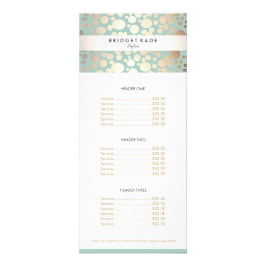 Beauty Salon Gold Turquoise Spotted Motif Menu (Devant)