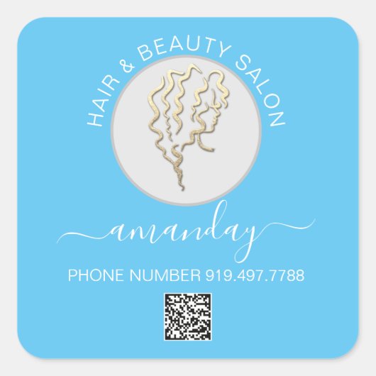 Beauty Salon Hair Logo Blue QR CODE Vierkante Sticker (Voorkant)