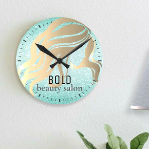 Beauty Salon Name Metallic Gold Aqua Blue Glitter Ronde Klok