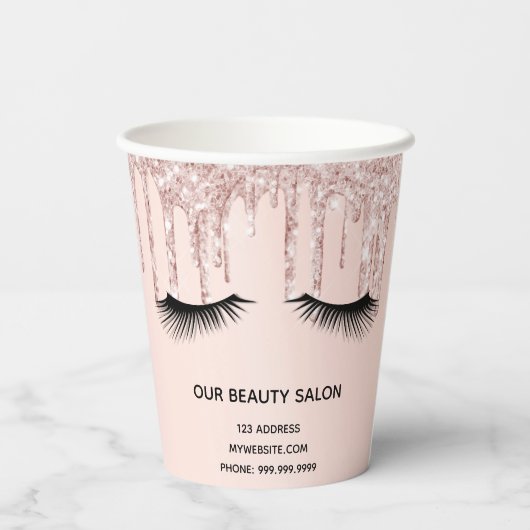 Beauty salon roos goudglitter zweeft handel papieren bekers (Achterkant)