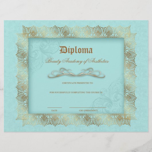 Beauty School Diploma Blue Gold Lace Lijst Flyer (Voorkant)