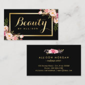 Beauty Script Makeup Salon Black Gold Floral Visitekaartje (Voorkant / Achterkant)