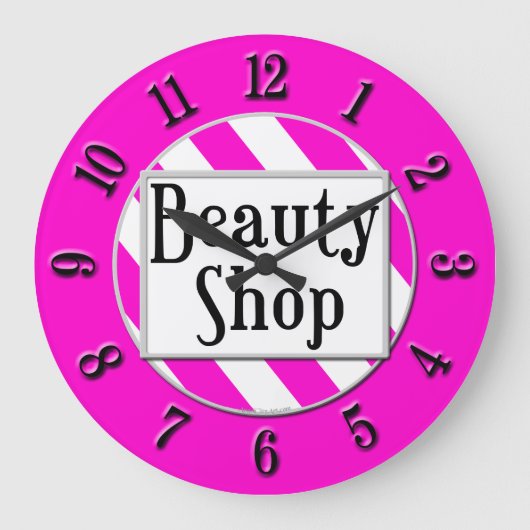 Beauty Shop Pink White Striped Retro Wall Clock Grote Klok (Voorkant)