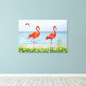 Beaux Flamants roses rouges près de Toile aux Fleu (Insitu (Plancher de Bois))