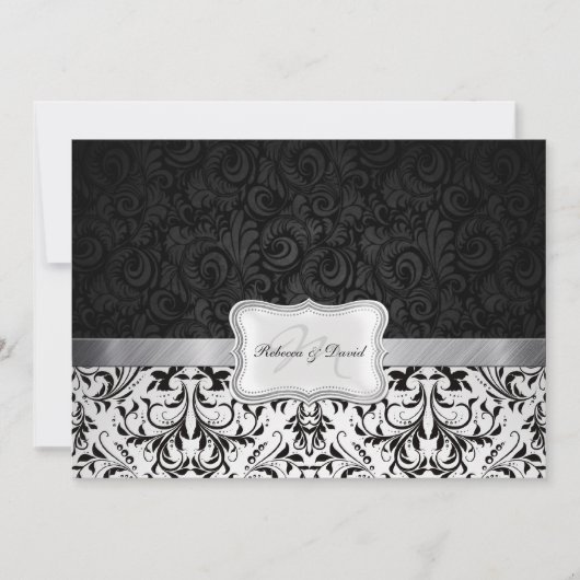 Beaux invitations de Mariage damassé noir et blanc (Devant)