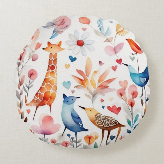 Beaux oiseaux colorés fleurs d'animaux Coussin ron (Devant)