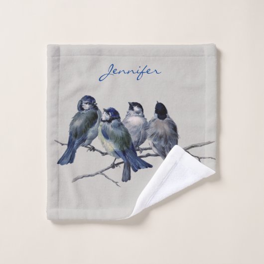 Beaux oiseaux gris bleu sur une succursale Nom per (Gant de toilette)