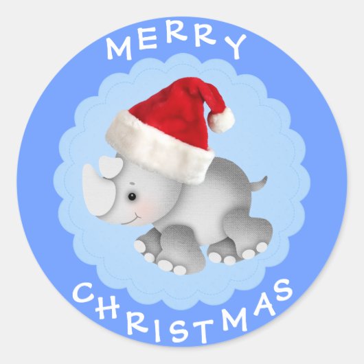 Beaux Rhino à Santa Hat Bleu Stickers Noël (Devant)