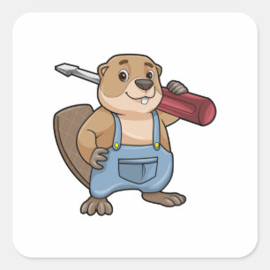 Beaver als ambachtsman met moersleutel vierkante sticker