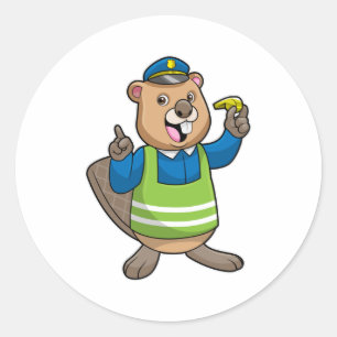 Beaver als politieagent met klokkenluider ronde sticker