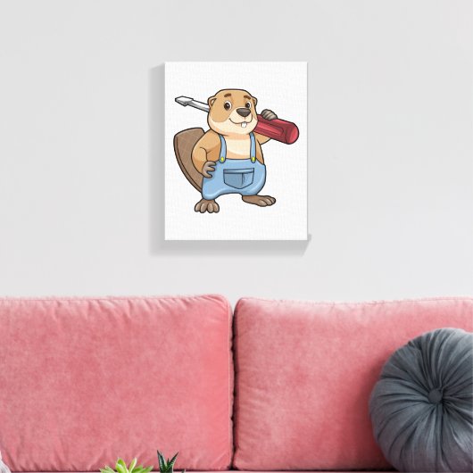 Beaver as Craftsman with Wrench Canvas Afdruk (Insitu (Woonkamer))