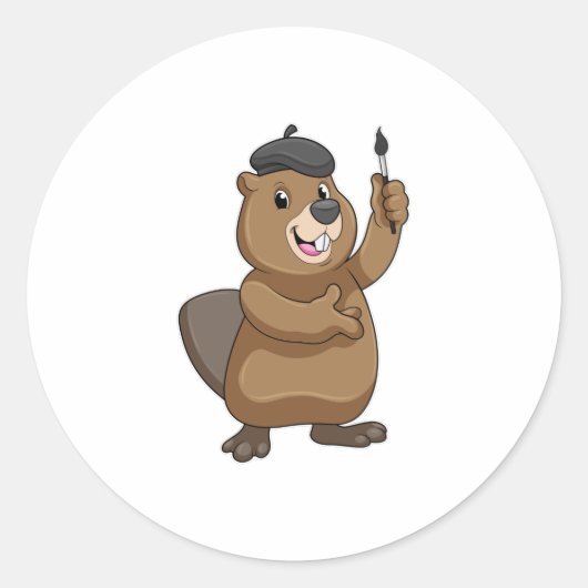 Beaver as Painter with Paint brush Ronde Sticker (Voorkant)