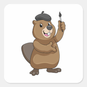 Beaver as Painter with Paint brush Vierkante Sticker