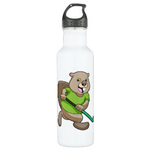 Beaver bij Hockey met Hockey bat Waterfles