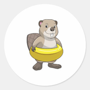 Beaver bij Zwemmen met Zwemring Ronde Sticker